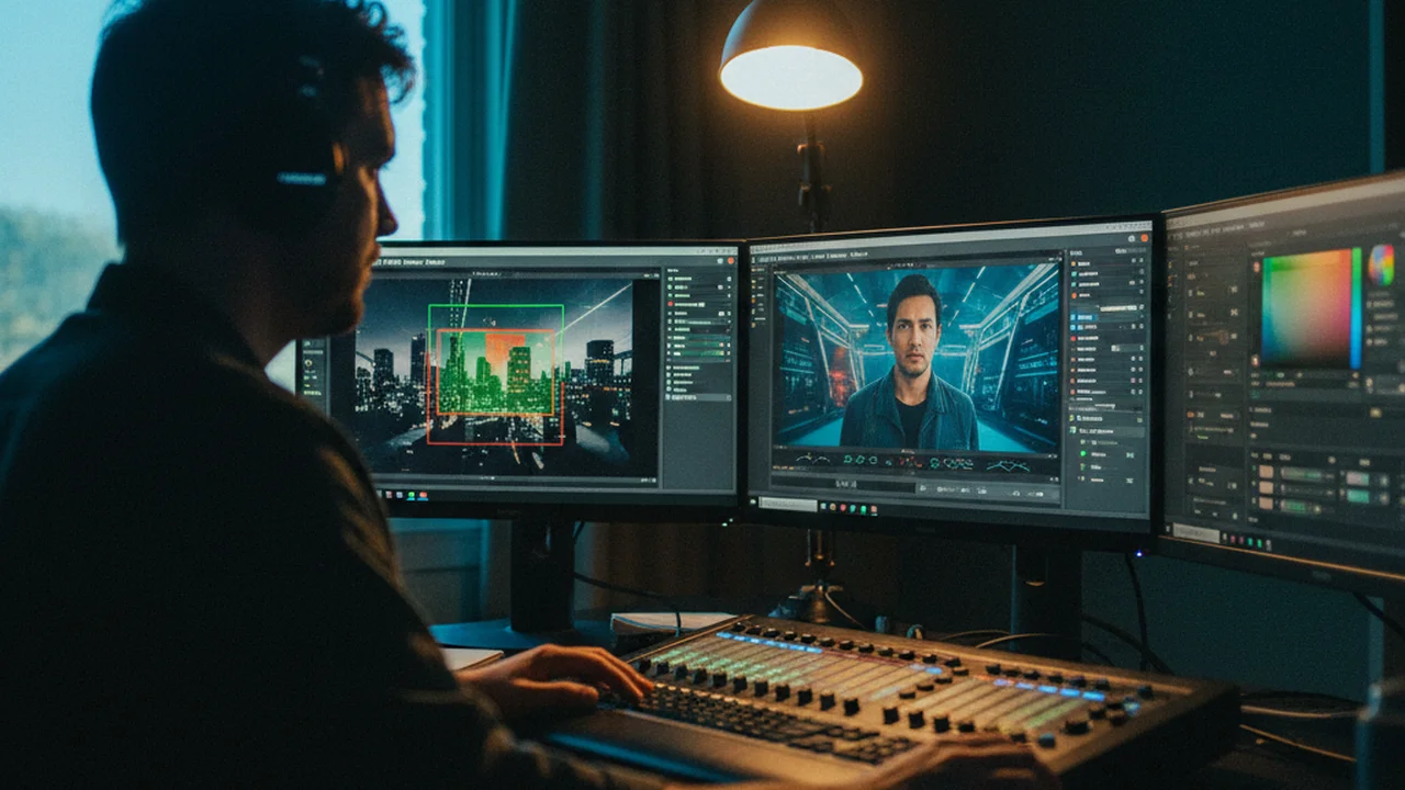 Editor arbeitet an einem Schnittplatz mit DaVinci Resolve 21, KI-VFX-Tools sichtbar im UI