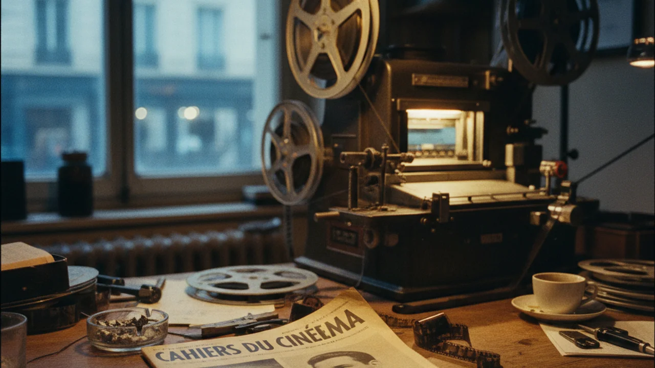 Cahiers-du-cinéma-Cover aus den 1950er Jahren auf einem Schnittplatz mit klassischer Kamera-Ausrüstung im Hintergrund